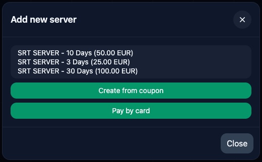 The three SRTCloud packages: 3 days 25 EUR, 10 days 50 EUR, 30 days 100 EUR