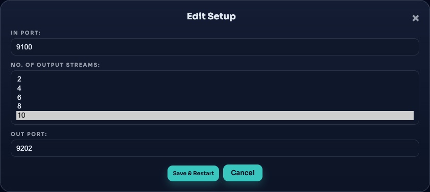 Edit Setup: IN port, number of output streams 2, 4, 6, 8 or 10, OUT port
