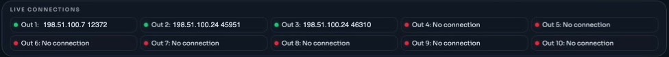 Live connections: outputs 1 to 3 connected with the receiver address, outputs 4 to 10 free